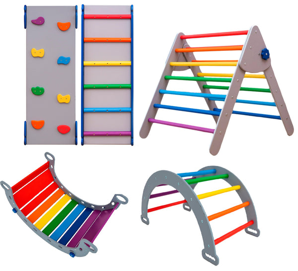 Montessori -Set von 5 Elementen: 2 Rampen, 1 Dreieck, 1 Bogen und 1 Balance Board