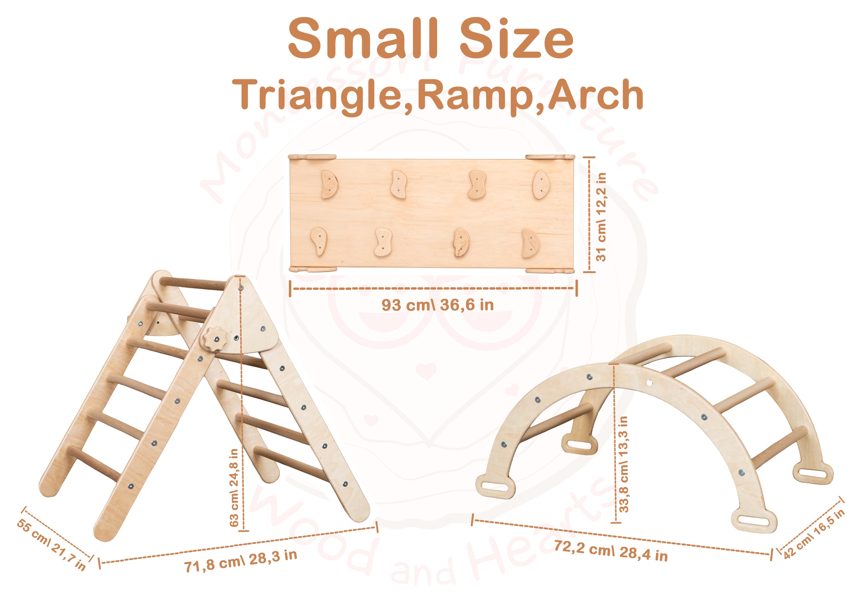 大形の3点セット： クライミングアーチ、スロープ、三角形・天然木材