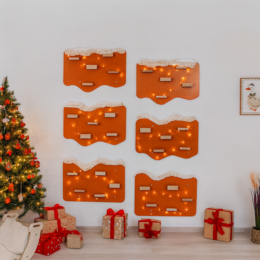 Indoor Rock Wall with Cloud-Shaped Panels & Wooden Climbing Holds for Kids 3-10