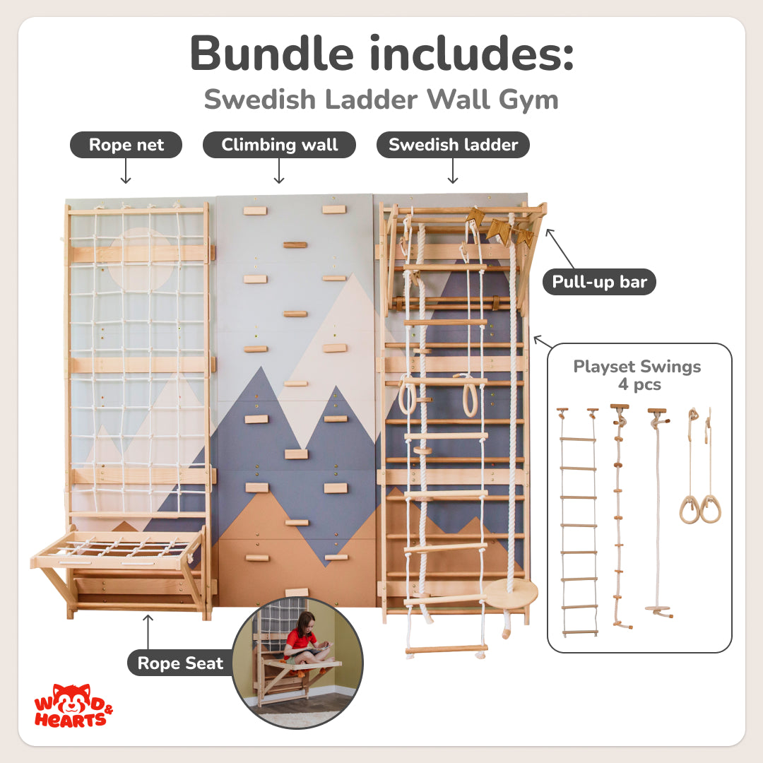 Kids Swedish Ladder Wall Gym 7-in-1 Bundle