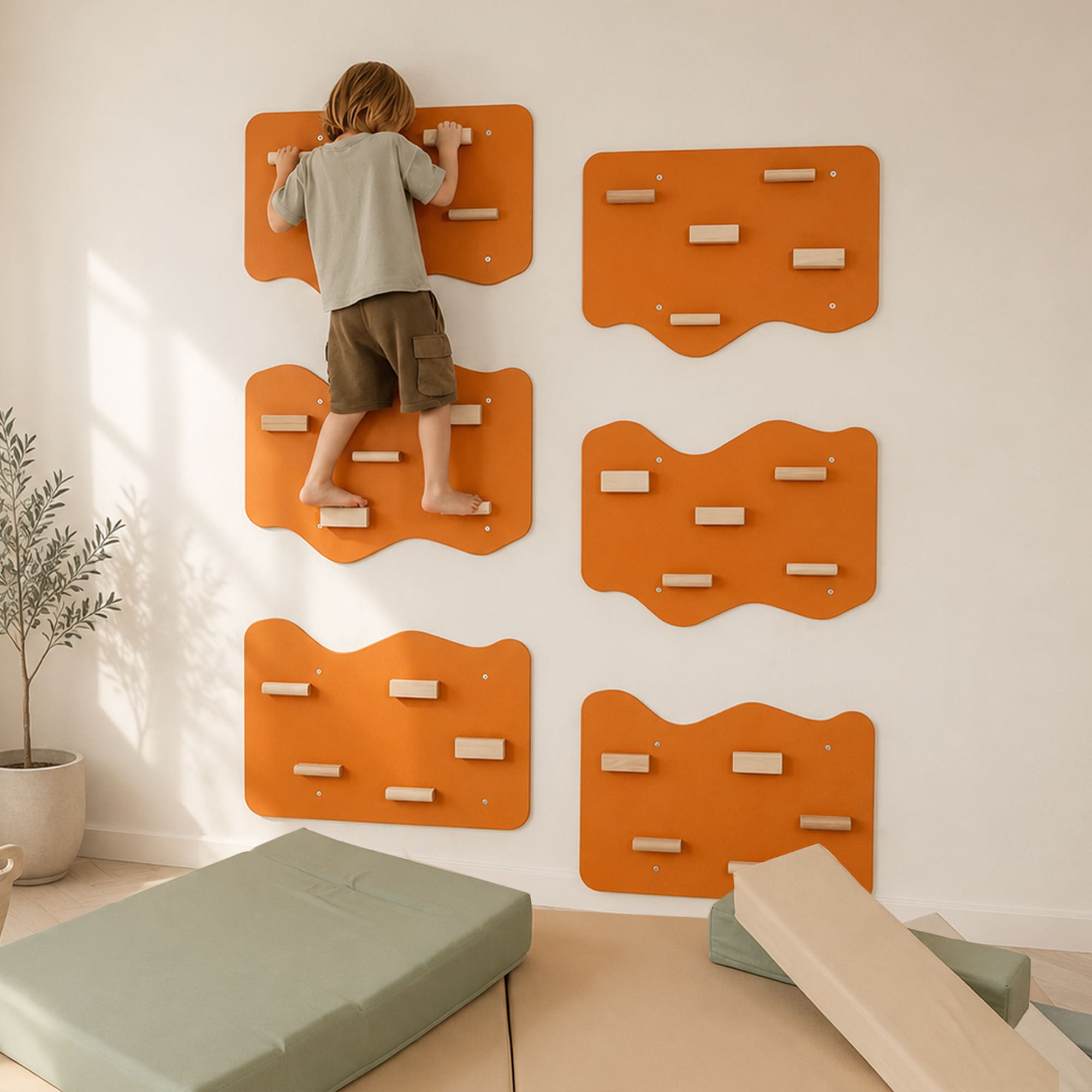 Indoor Rock Wall with Cloud-Shaped Panels & Wooden Climbing Holds for Kids 3-10