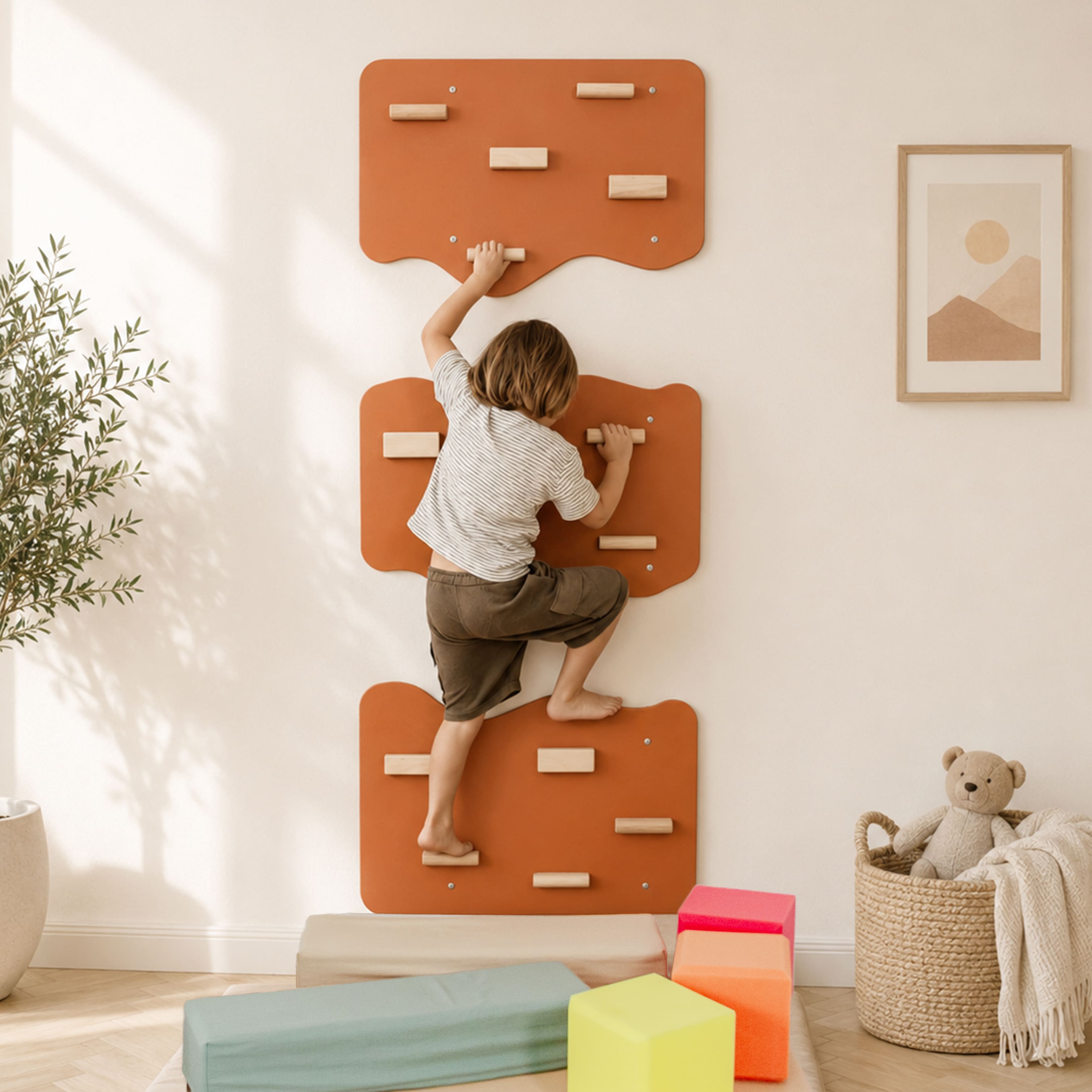Indoor Rock Wall with Cloud-Shaped Panels & Wooden Climbing Holds for Kids 3-10