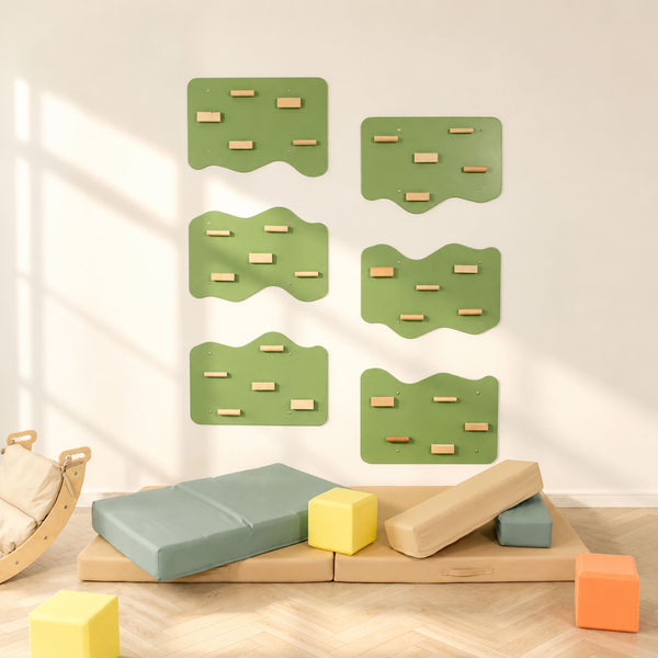 Indoor Rock Wall with Cloud-Shaped Panels & Wooden Climbing Holds for Kids 3-10