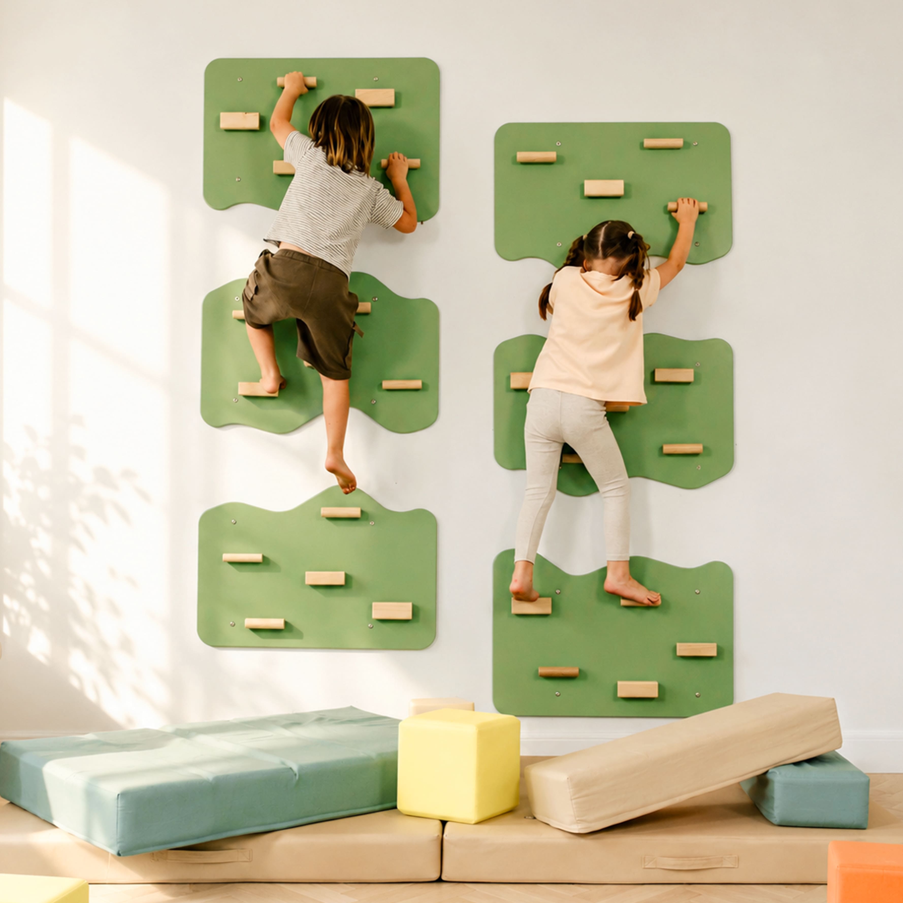 Indoor Rock Wall with Cloud-Shaped Panels & Wooden Climbing Holds for Kids 3-10