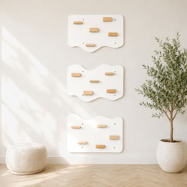 Indoor Rock Wall with Cloud-Shaped Panels & Wooden Climbing Holds for Kids 3-10