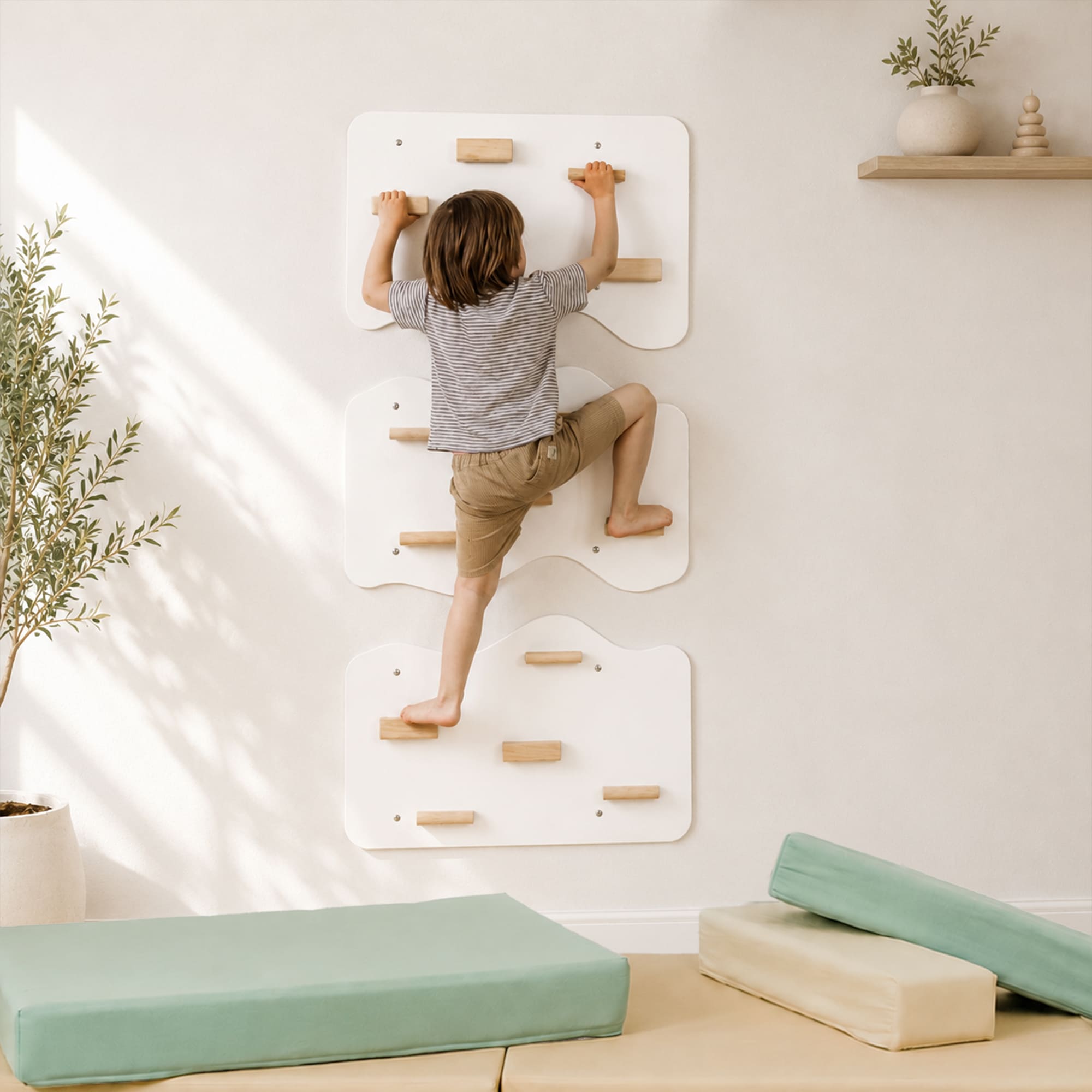 Indoor Rock Wall with Cloud-Shaped Panels & Wooden Climbing Holds for Kids 3-10