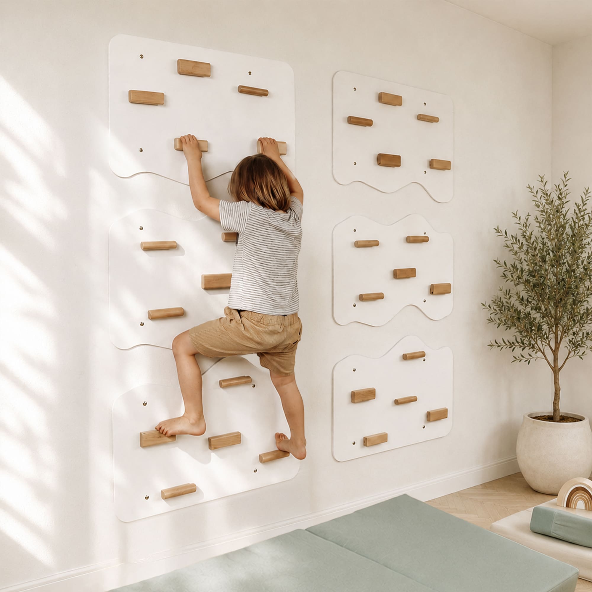 Indoor Rock Wall with Cloud-Shaped Panels & Wooden Climbing Holds for Kids 3-10