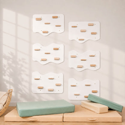 Indoor Rock Wall with Cloud-Shaped Panels & Wooden Climbing Holds for Kids 3-10