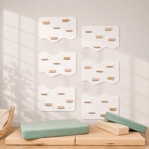Indoor Rock Wall with Cloud-Shaped Panels & Wooden Climbing Holds for Kids 3-10