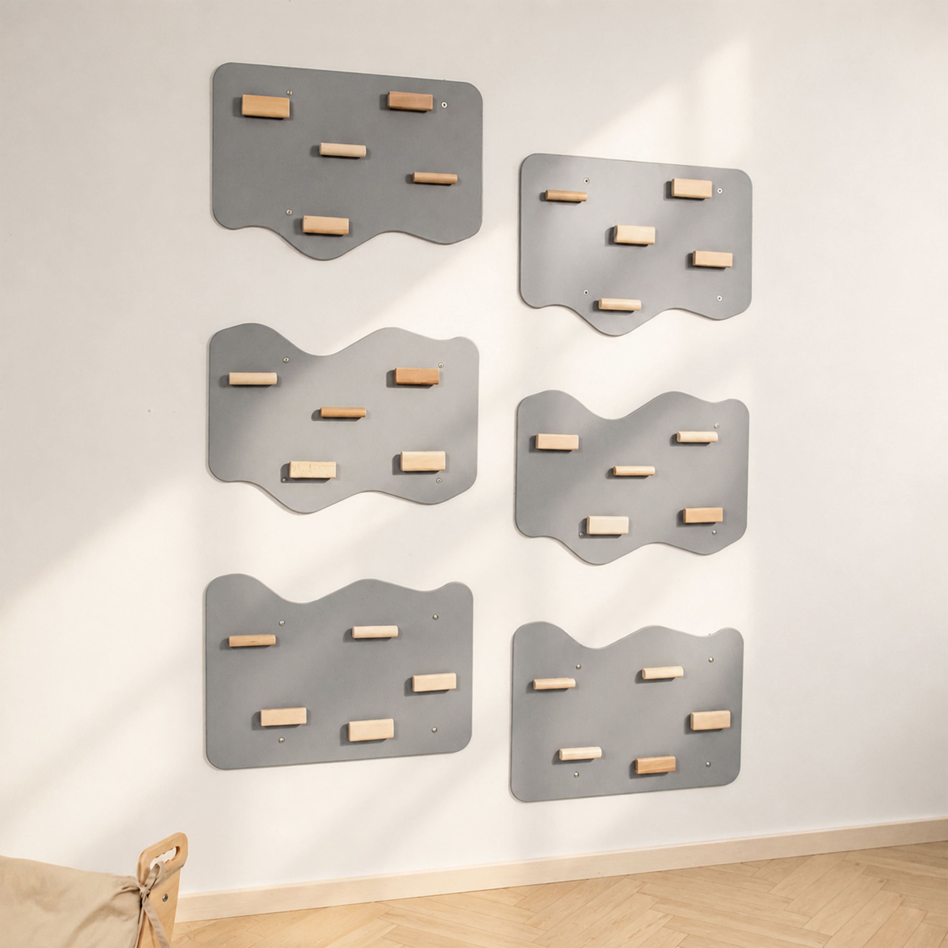 Indoor Rock Wall with Cloud-Shaped Panels & Wooden Climbing Holds for Kids 3-10