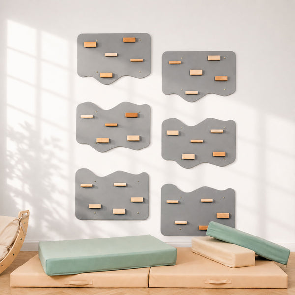 Indoor Rock Wall with Cloud-Shaped Panels & Wooden Climbing Holds for Kids 3-10