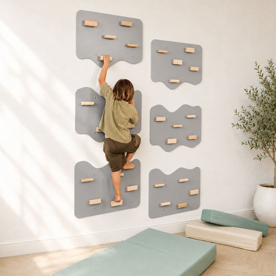Indoor Rock Wall with Cloud-Shaped Panels & Wooden Climbing Holds for Kids 3-10