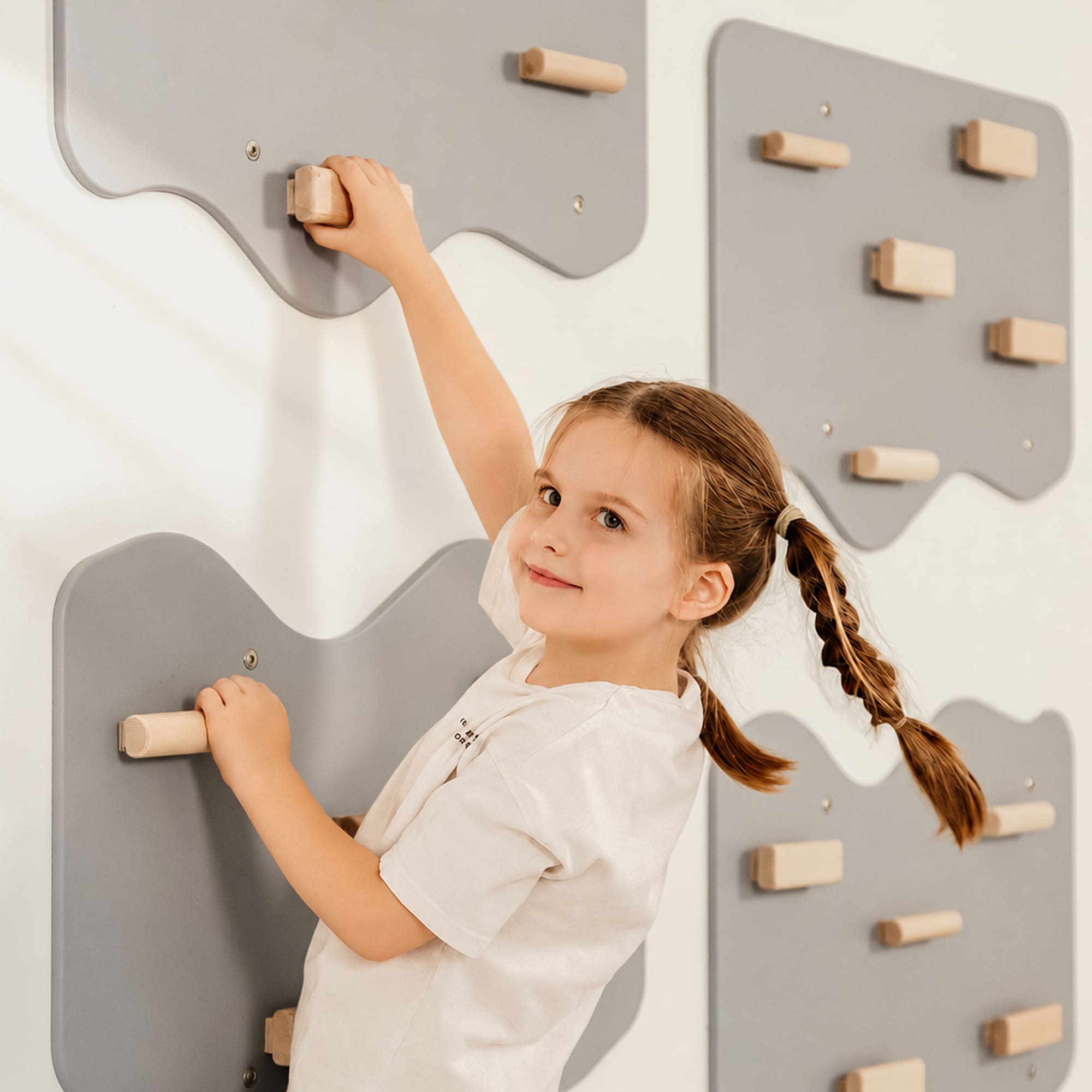 Indoor Rock Wall with Cloud-Shaped Panels & Wooden Climbing Holds for Kids 3-10