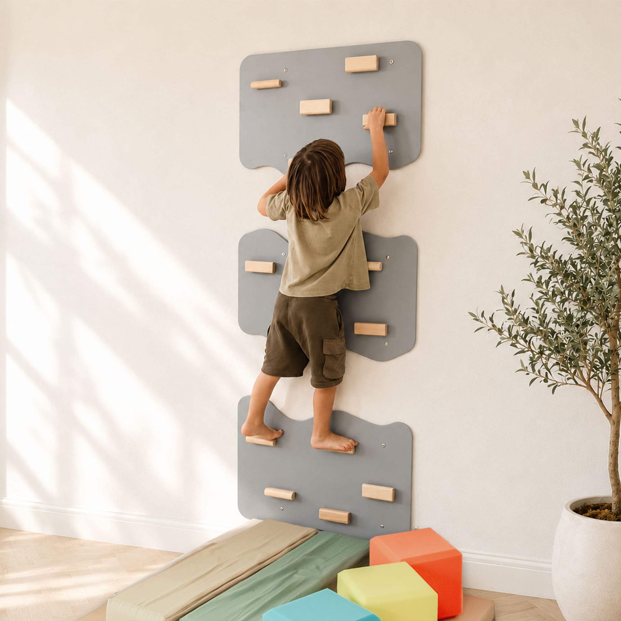 Indoor Rock Wall with Cloud-Shaped Panels & Wooden Climbing Holds for Kids 3-10