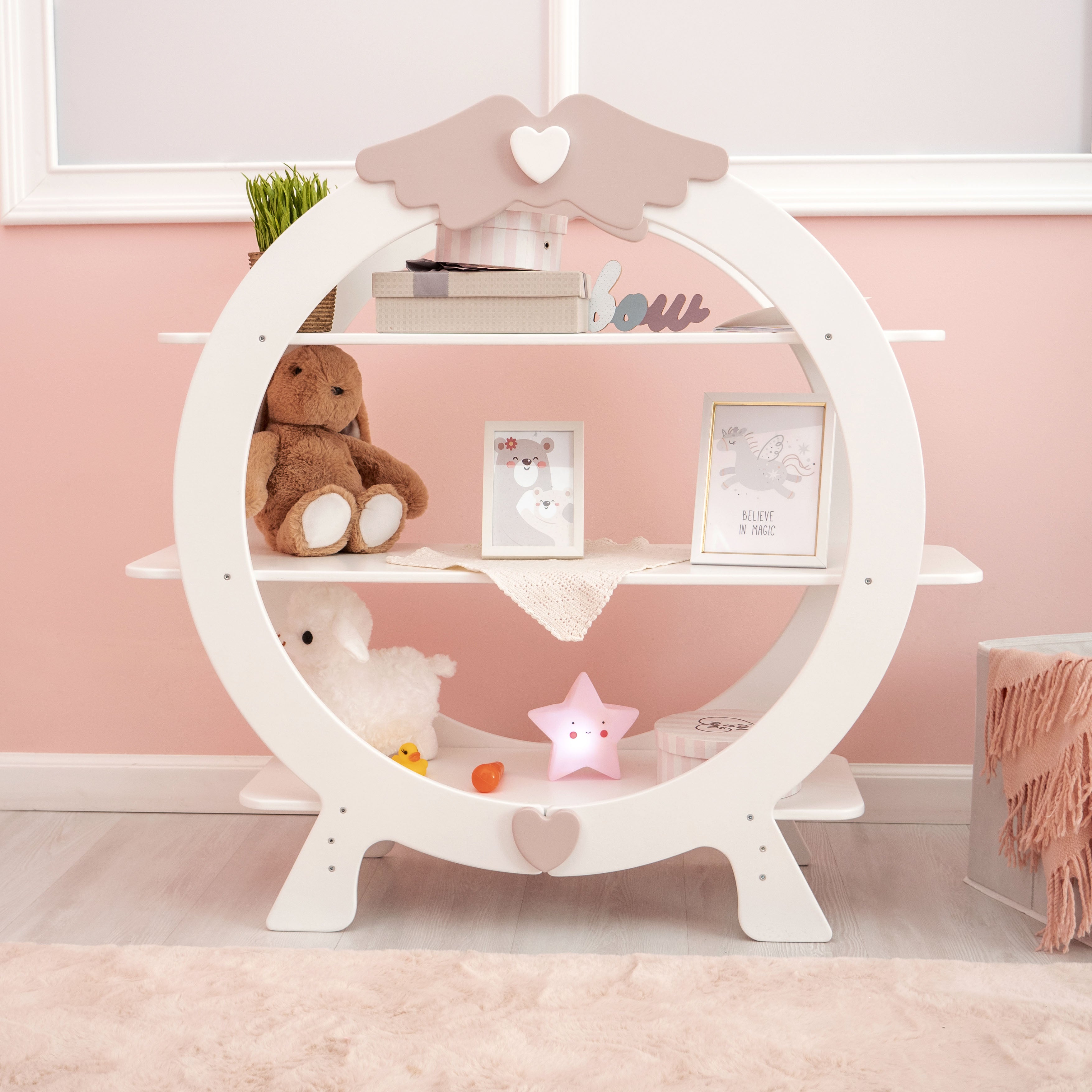 Floor Standing Shelf for Toys and Books Storage in White + Pink color