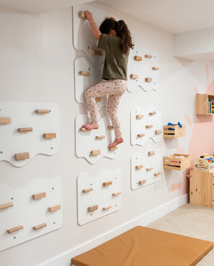 Indoor Rock Wall with Cloud-Shaped Panels & Wooden Climbing Holds for Kids 3-10