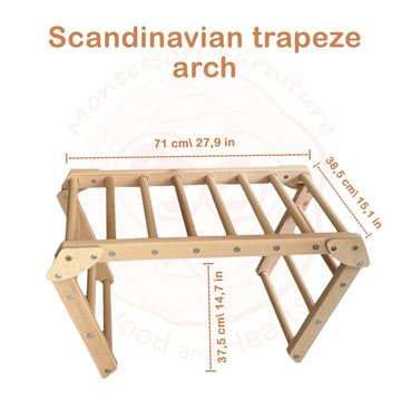 Wooden Scandinavian 2in1 Set for Climbing, Trapeze Arch+Two-Sided Ramp, N.Wood color