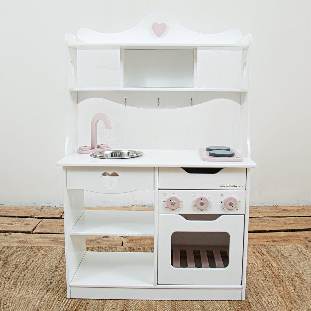 Girls Toy Kitchen for Toddlers Pretend Play in White + Pink  colors