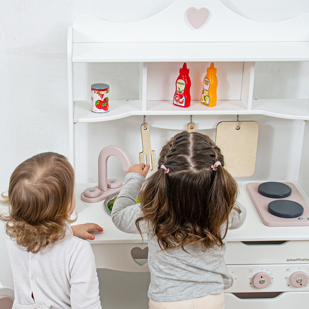 Girls Toy Kitchen for Toddlers Pretend Play in White + Pink  colors