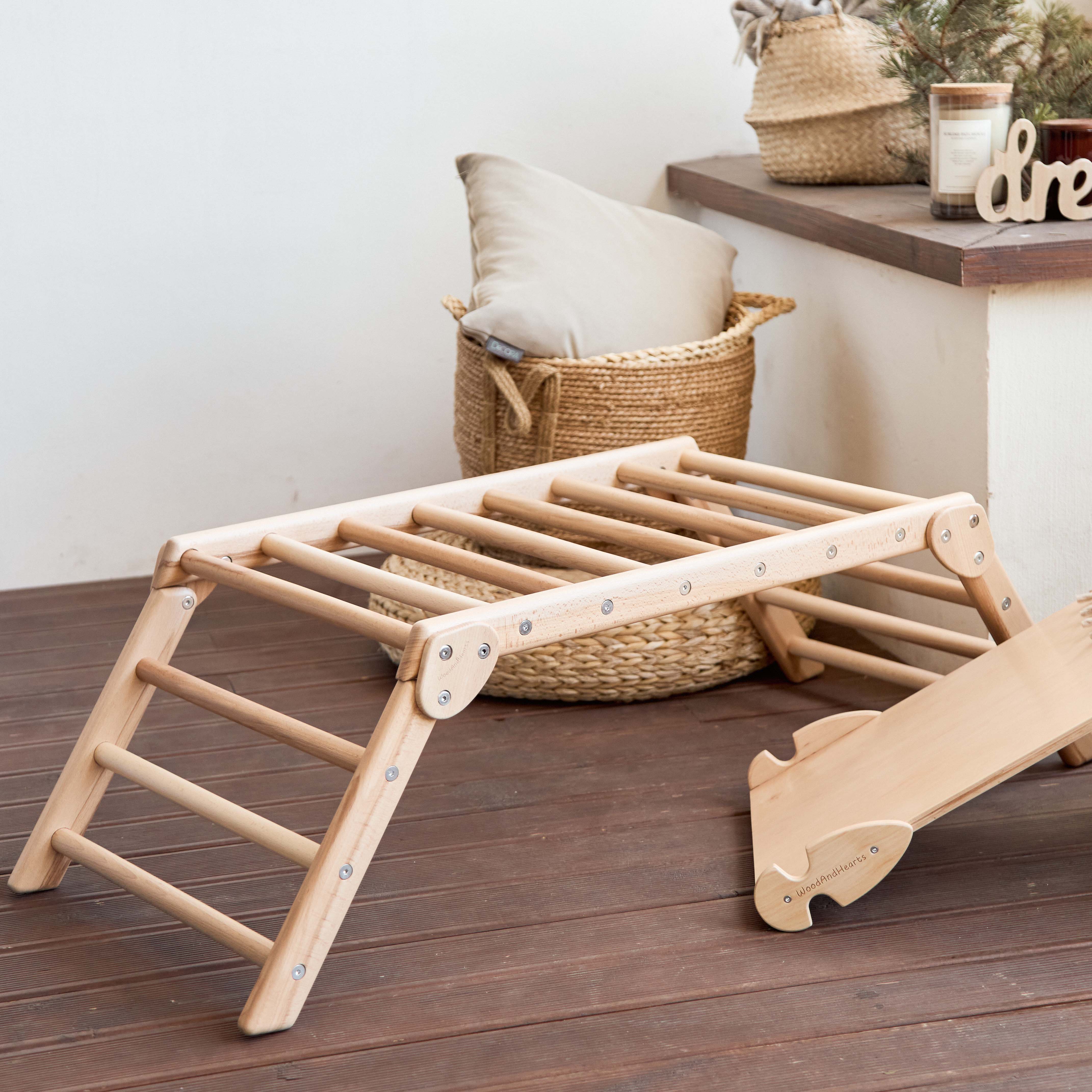 Wooden Scandinavian 2in1 Set for Climbing, Trapeze Arch+Two-Sided Ramp, N.Wood color