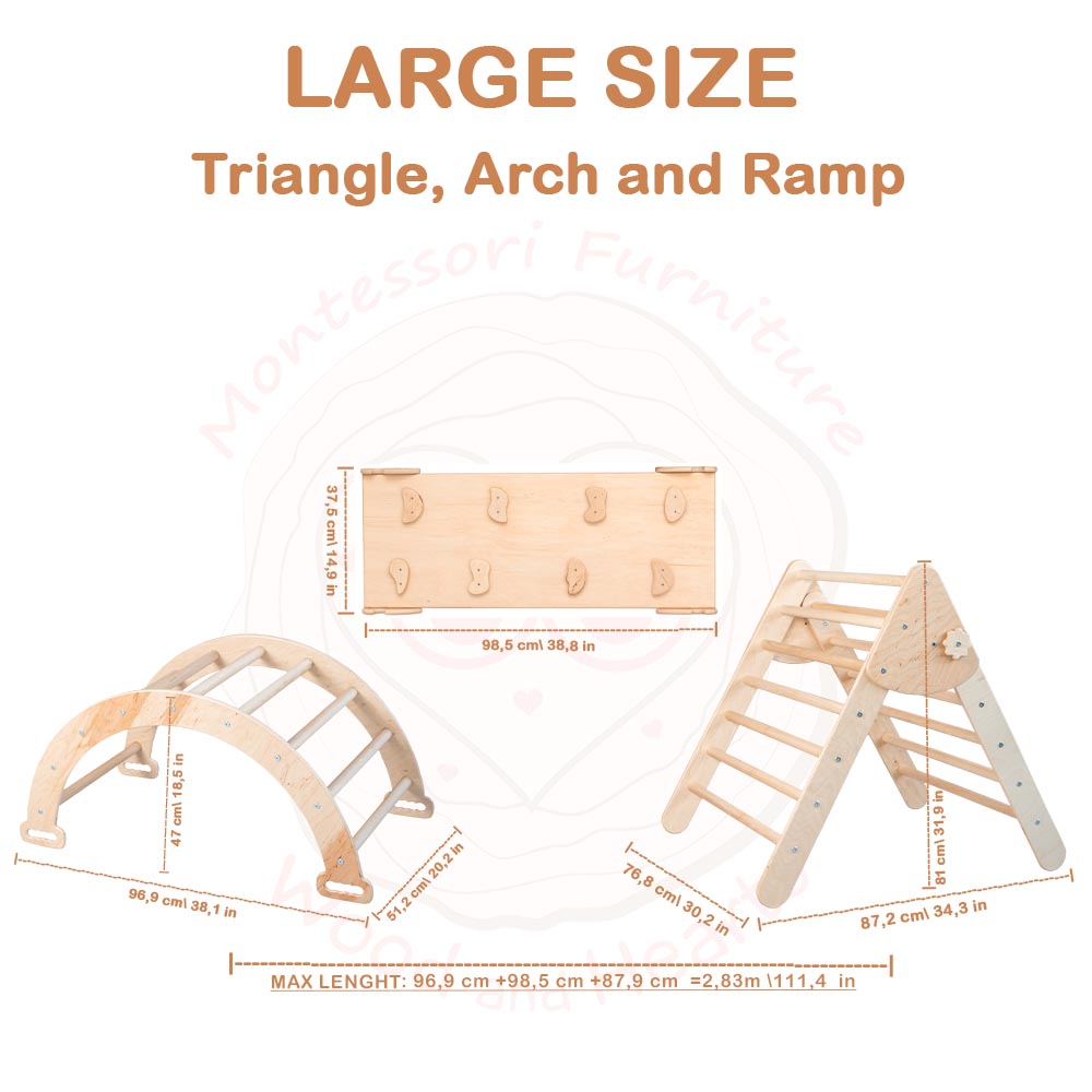 Montessori Set of 5 items: 2 Ramps, 1 Triangle, 1 Arch, and 1 Balance board